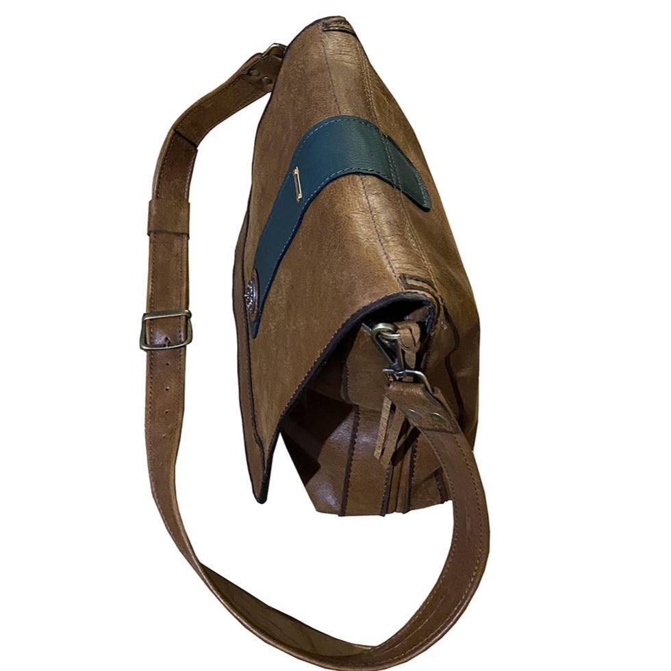 תיק עור איטלקי חום דבש ירוק בקבוק