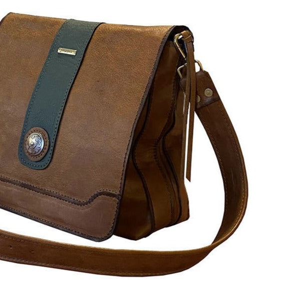 תיק עור איטלקי חום דבש ירוק בקבוק