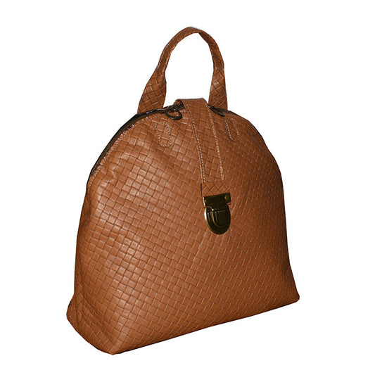 תיק גב גדול חצי עגול מעור חום חיטה קלוע איטלקי מהמם