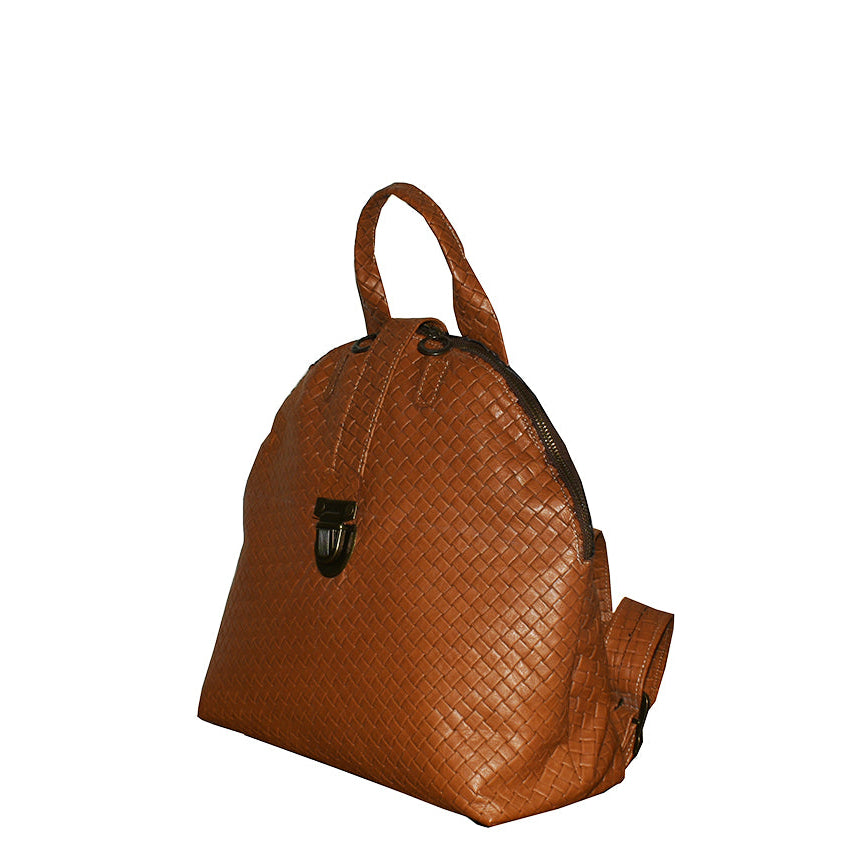 תיק גב גדול חצי עגול מעור חום חיטה קלוע איטלקי מהמם