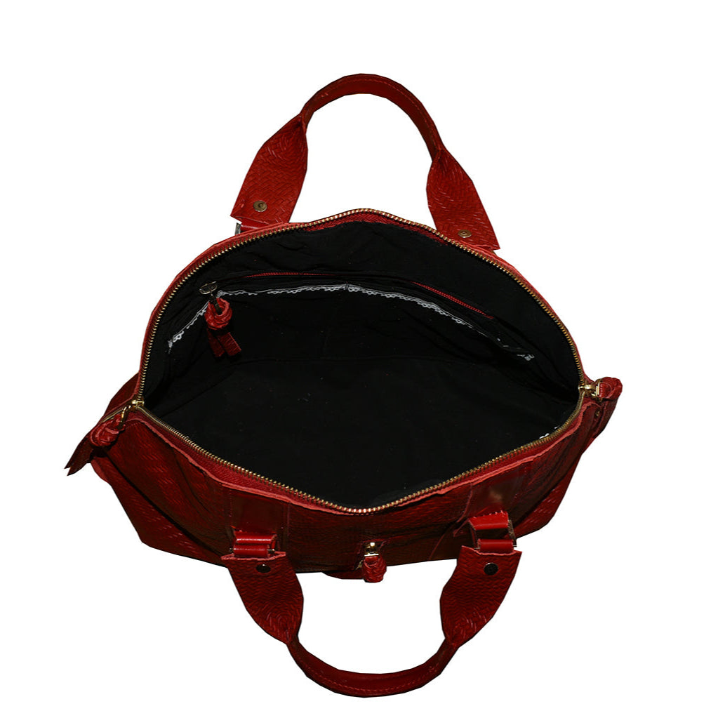 תיק יד גדול מעור קלוע איטלקי אדום לוהט עם דוגמת מעויינים