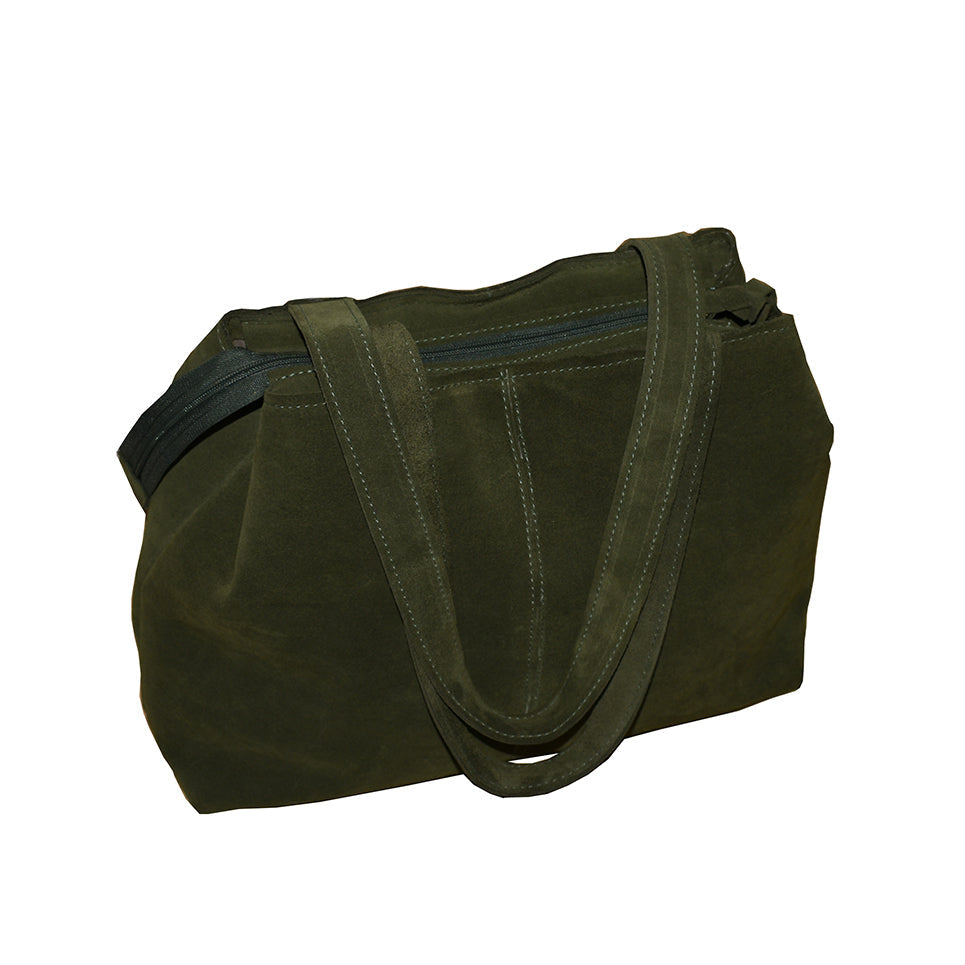 תיק נשיאה מעור זמש ירוק זית גדול בשילוב רצועות תליה על הכתף