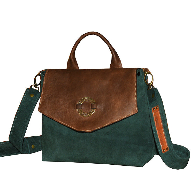 תיק עור זמש ירוק יער בשילוב עור חום אפריקה