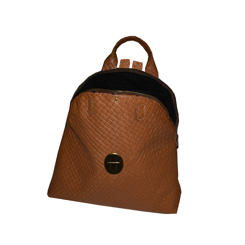 תיק גב גדול חצי עגול מעור חום חיטה קלוע איטלקי מהמם