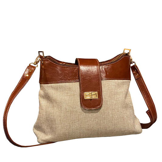 תיק בד בז' בשילוב עור חום אדמדם