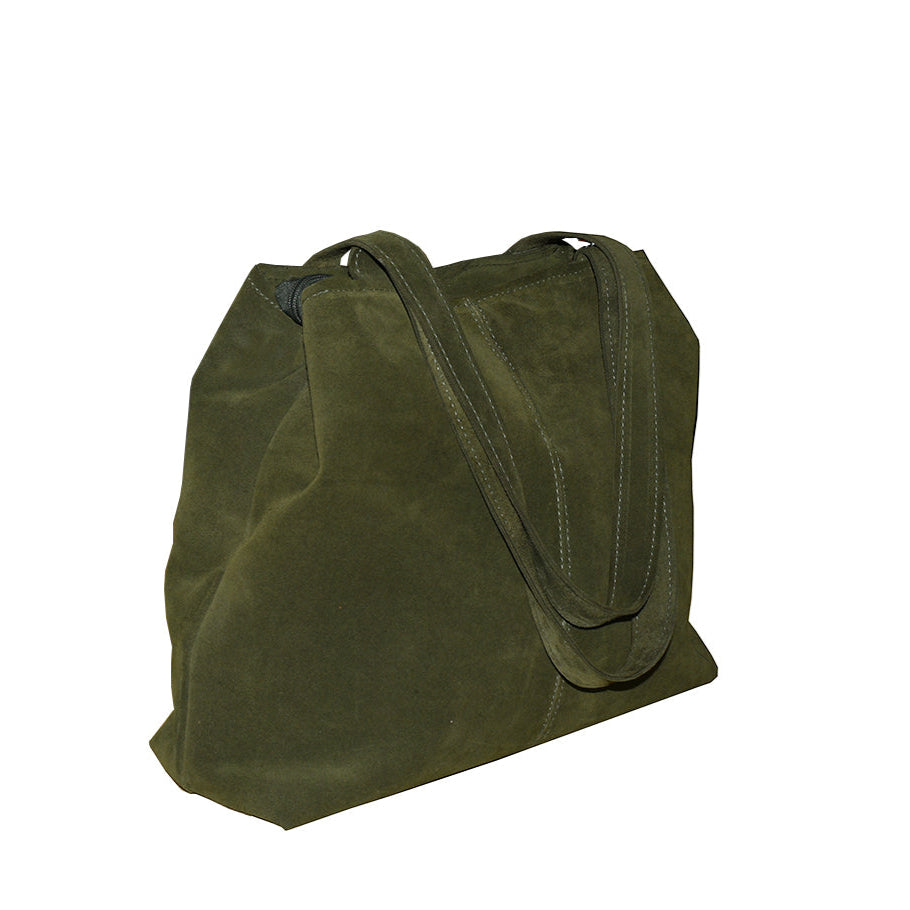 תיק נשיאה מעור זמש ירוק זית גדול בשילוב רצועות תליה על הכתף