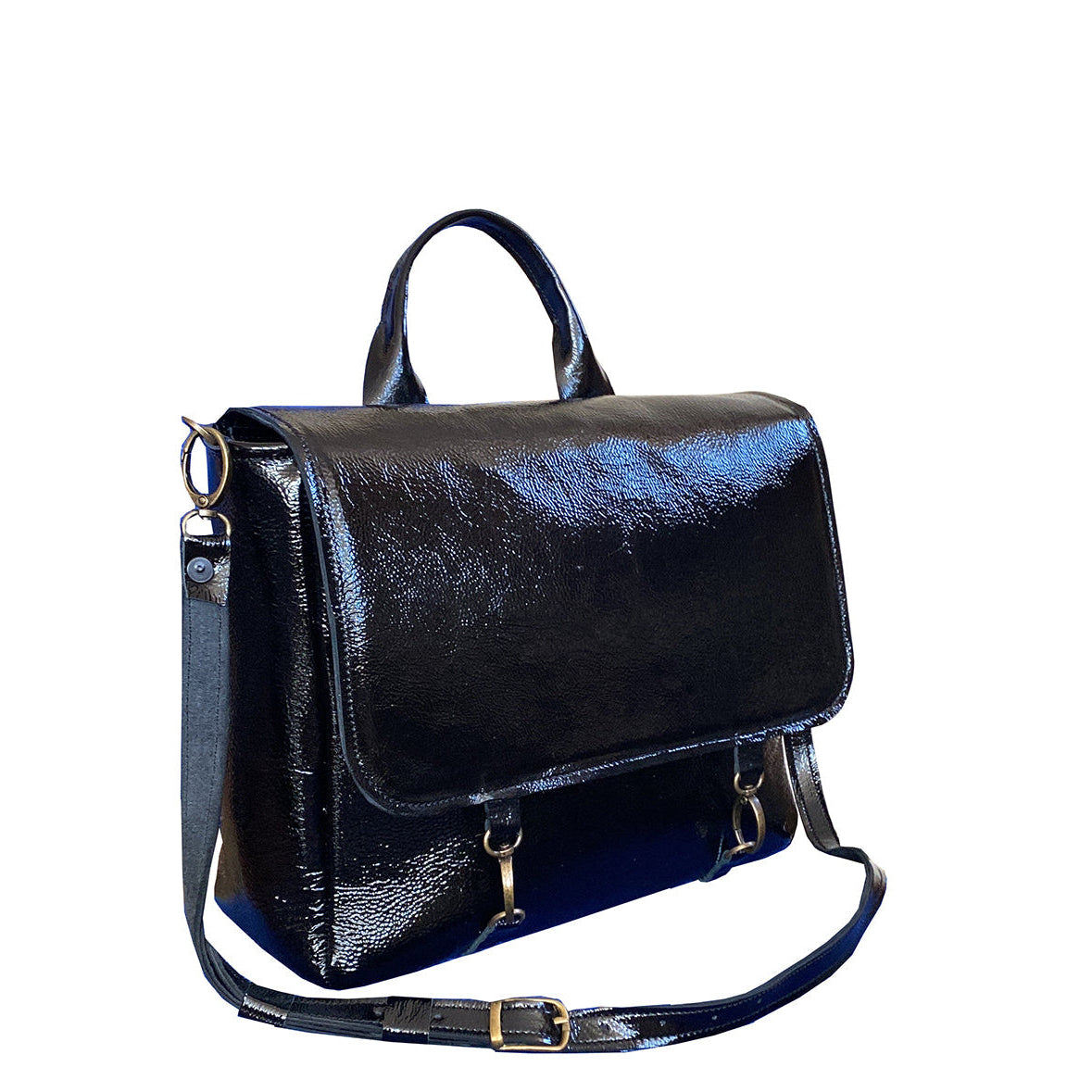 תיק עור לק שחור מהודר ואלגנט עם סגירת קליפסים בצבע עתיק