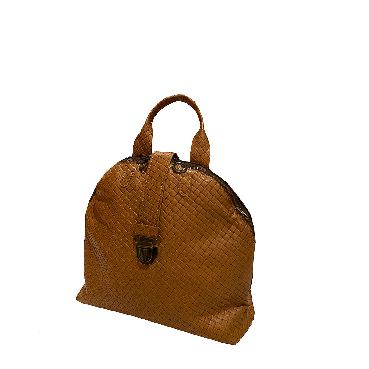 תיק גב גדול חצי עגול מעור חום חיטה קלוע איטלקי מהמם