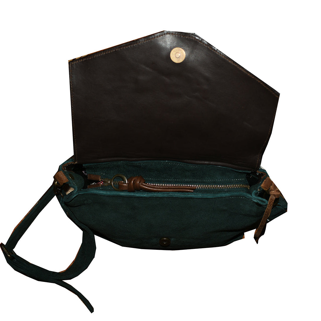 תיק עור זמש ירוק יער בשילוב עור חום אפריקה