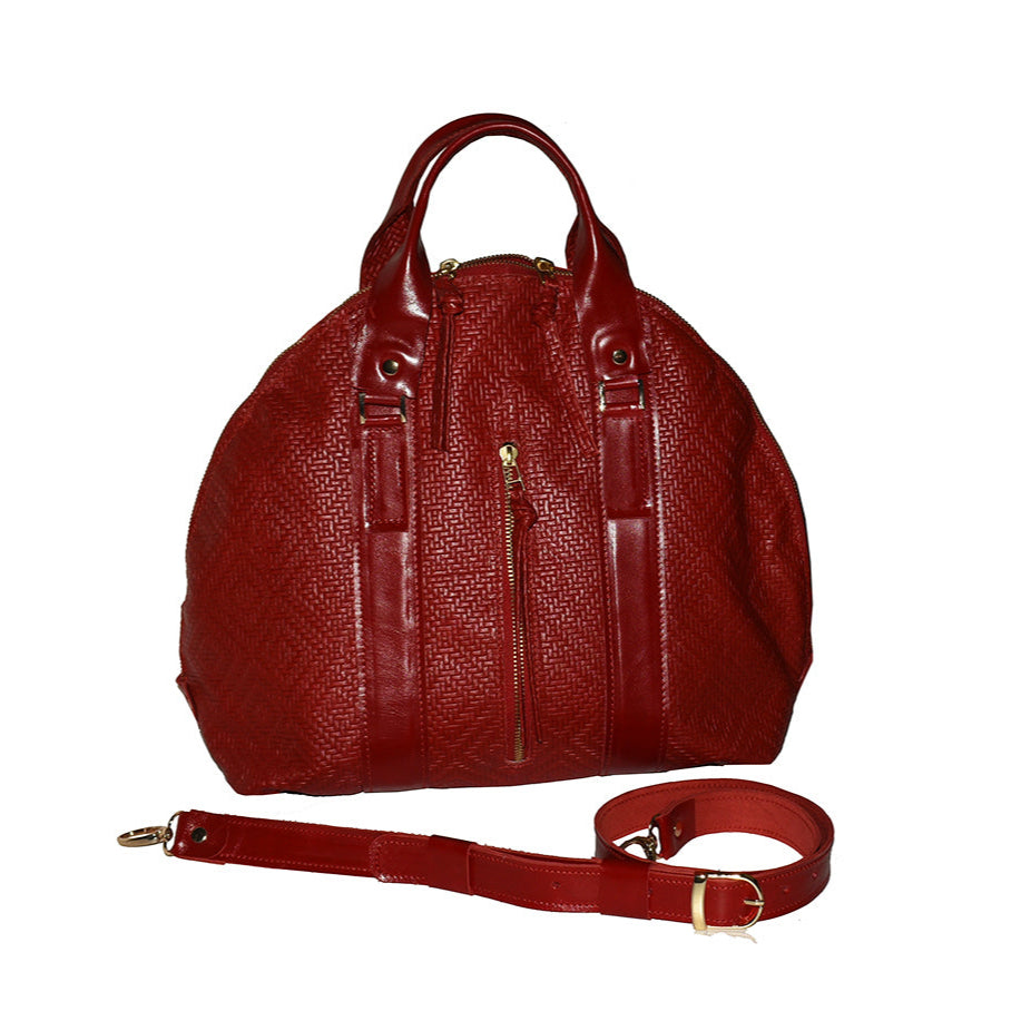 תיק יד גדול מעור קלוע איטלקי אדום לוהט עם דוגמת מעויינים