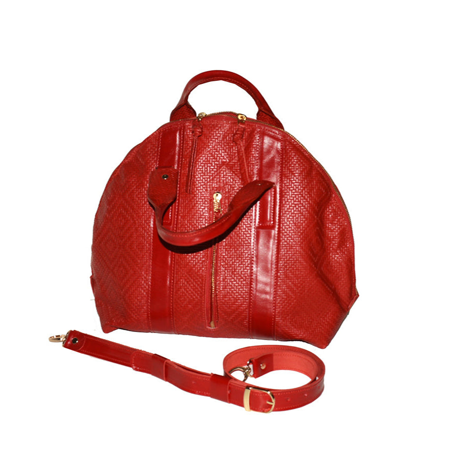 תיק יד גדול מעור קלוע איטלקי אדום לוהט עם דוגמת מעויינים