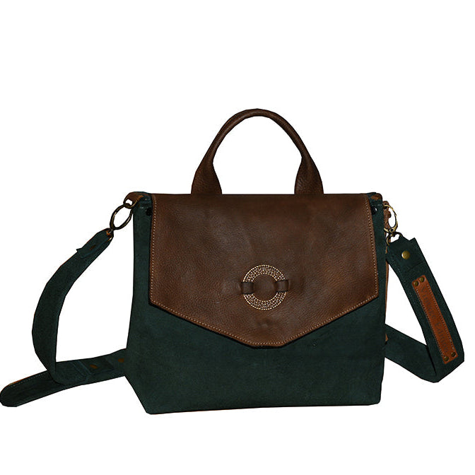 תיק עור זמש ירוק יער בשילוב עור חום אפריקה