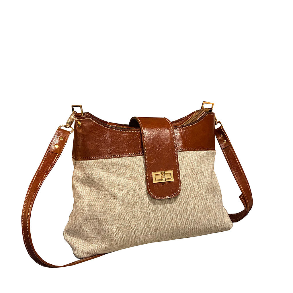 תיק בד בז' בשילוב עור חום אדמדם