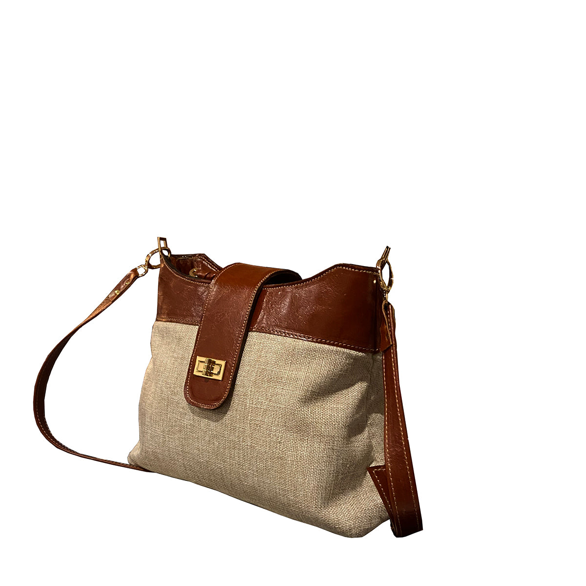 תיק בד בז' בשילוב עור חום אדמדם