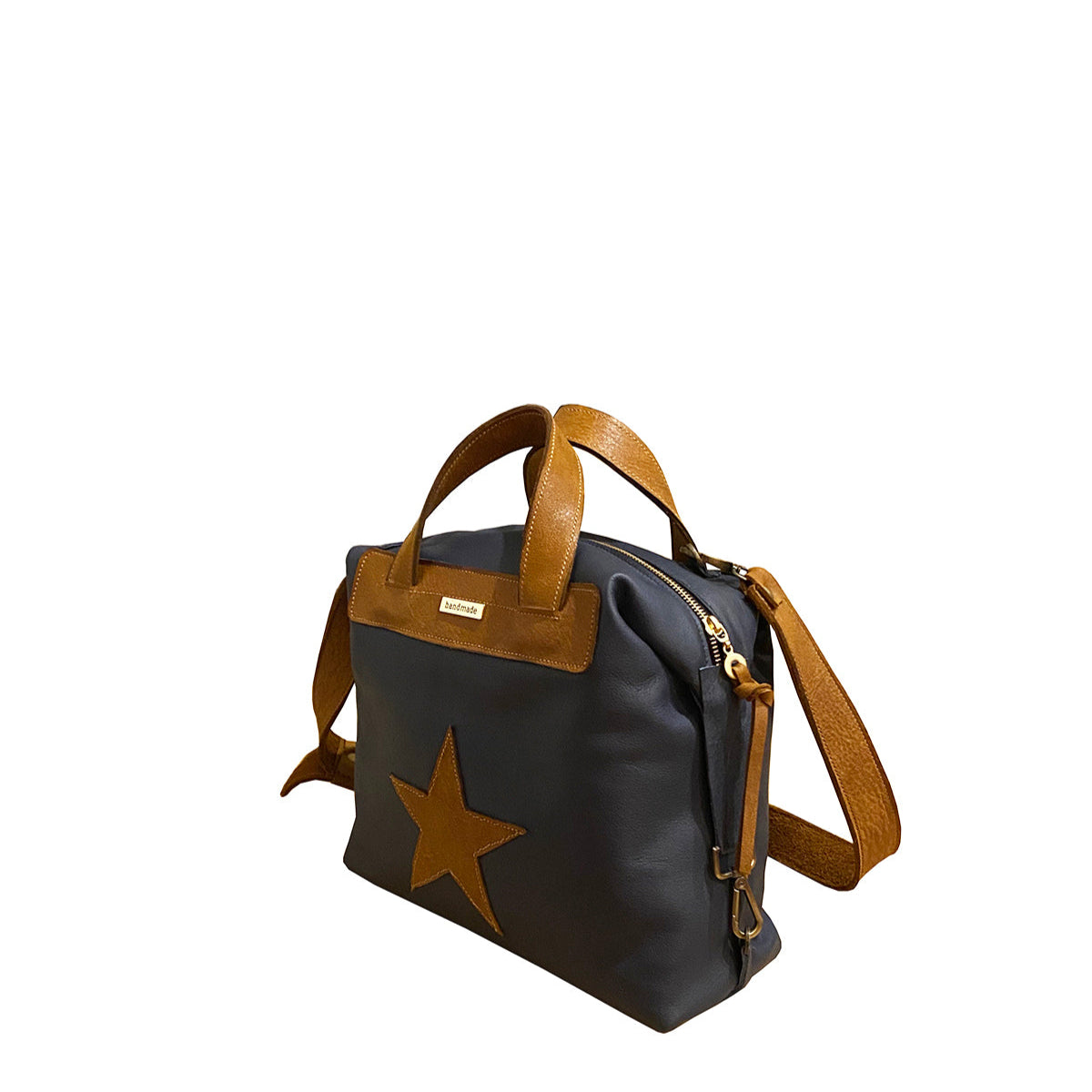 תיק עור כחול נייבי בשילוב עור חום דבש עם כוכב