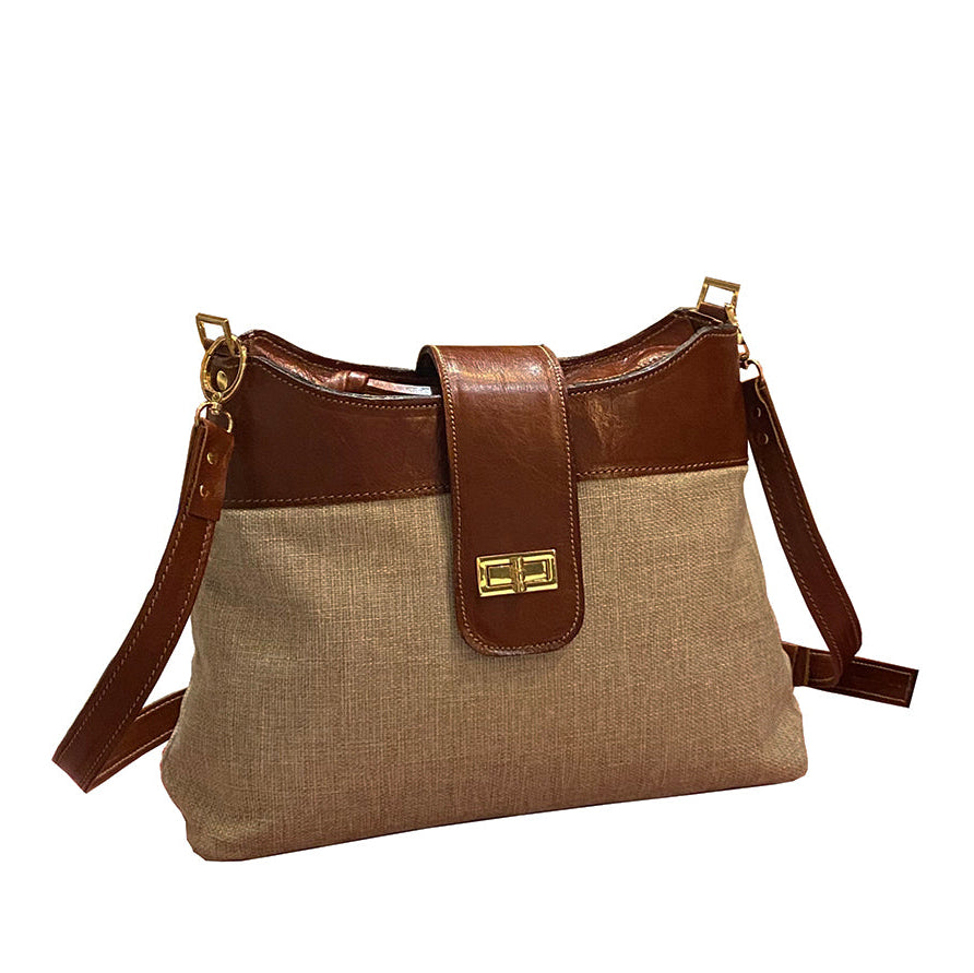 תיק בד בז' בשילוב עור חום אדמדם