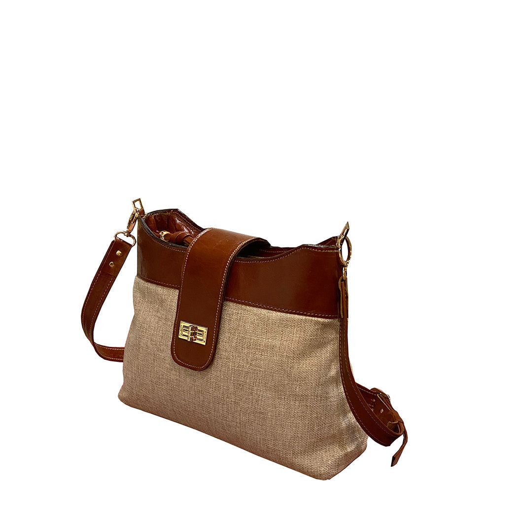 תיק בד בז' בשילוב עור חום אדמדם