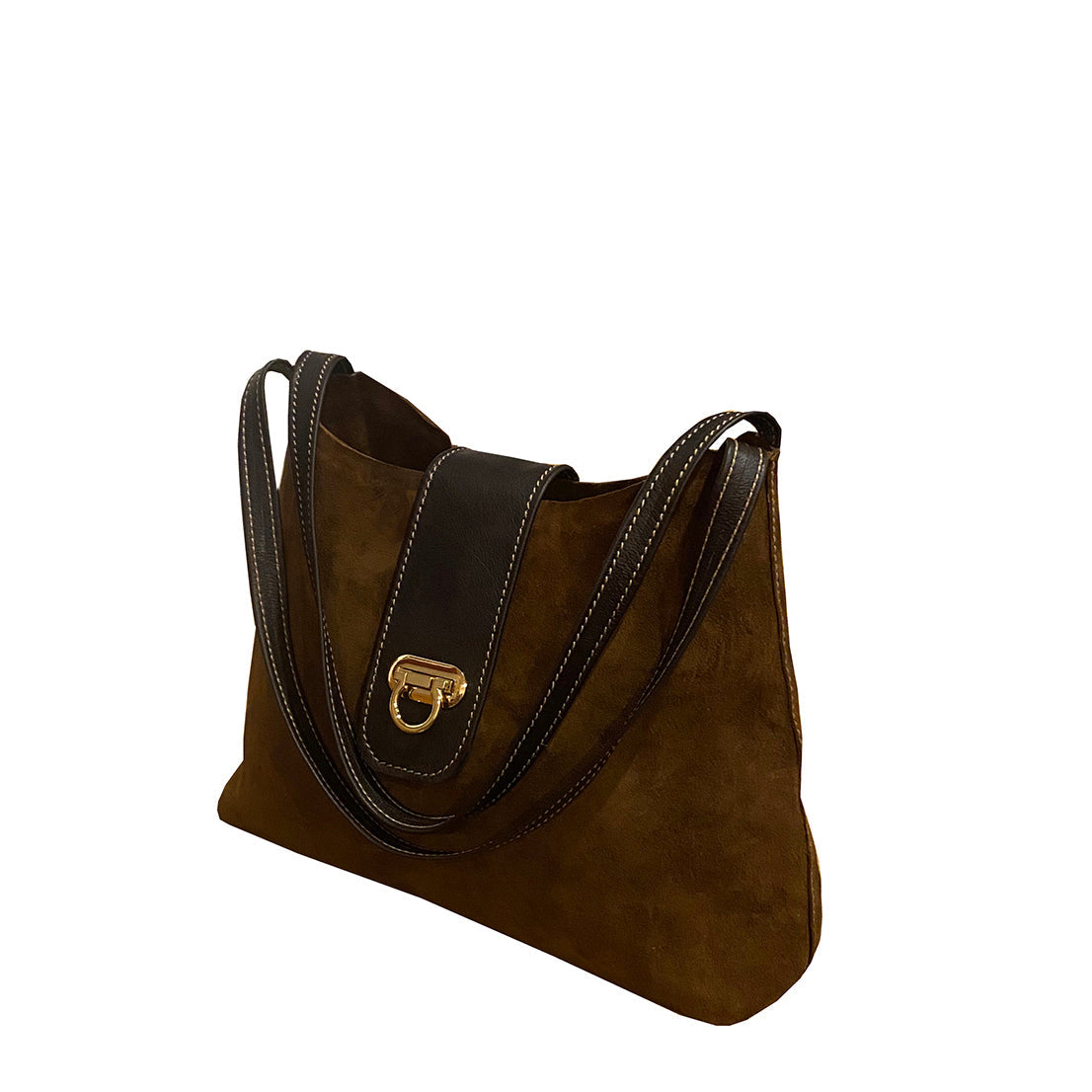 תיק נשיאה מסוגנן מעור זמש חום כהה לתליה על הכתף עם שתי רצועות תליה