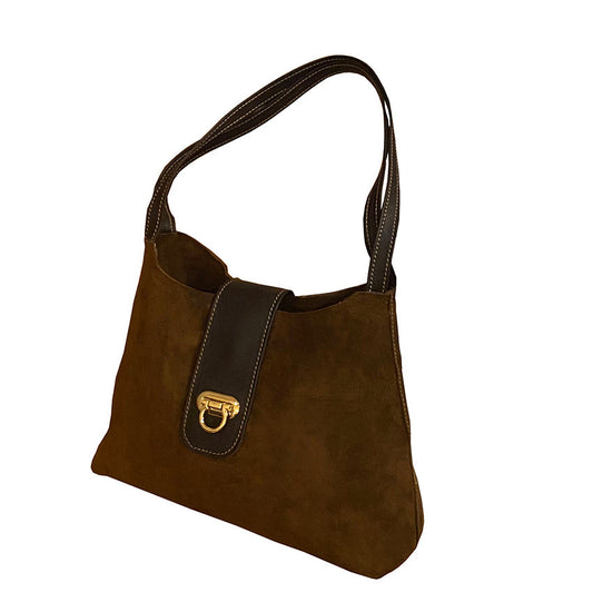 תיק נשיאה מסוגנן מעור זמש חום כהה לתליה על הכתף עם שתי רצועות תליה