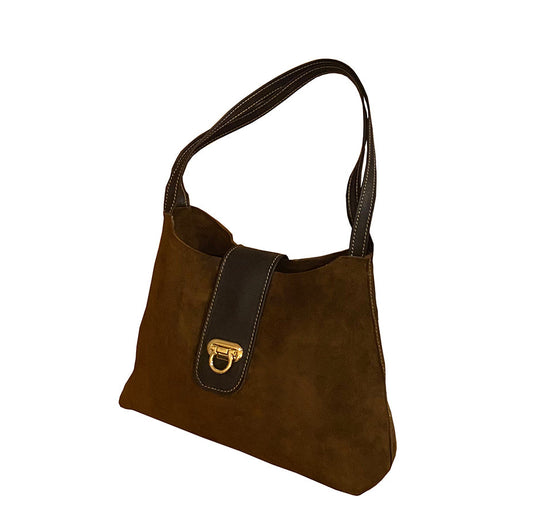 תיק נשיאה מסוגנן מעור זמש חום כהה לתליה על הכתף עם שתי רצועות תליה