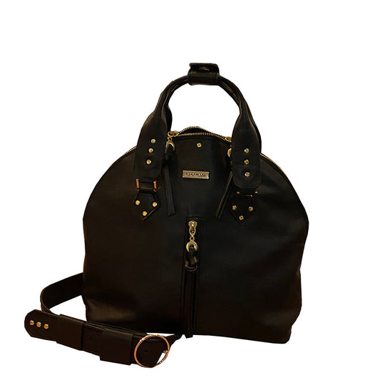 תיק יד מעור שחור חצי עגול מהודר ואלגנט עם ניטים מזהב