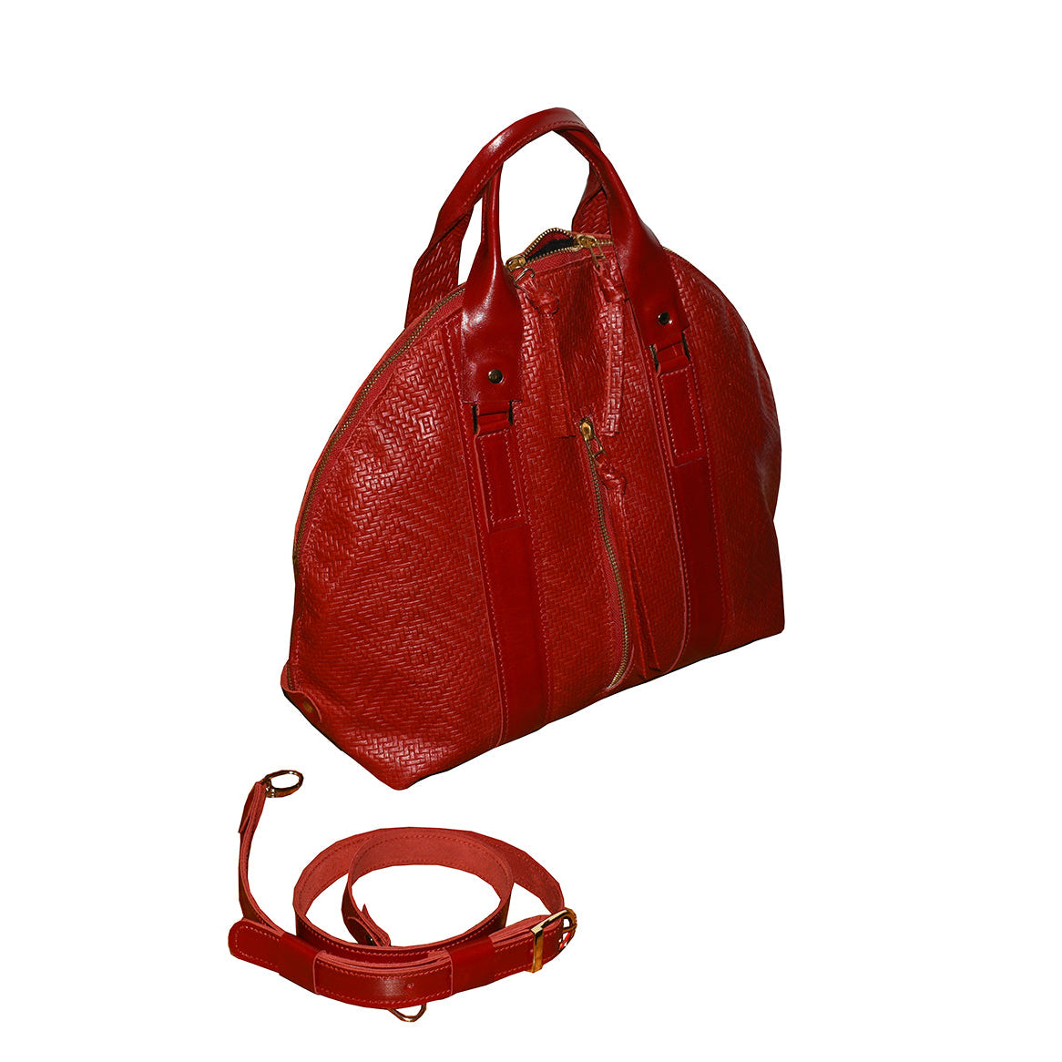 תיק יד גדול מעור קלוע איטלקי אדום לוהט עם דוגמת מעויינים